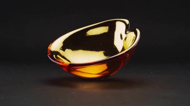 Rocking amber-gold bowl rotating on dark tabletop from soft nudge with rectangular reflections