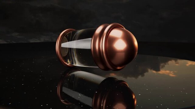 Rolling glass cylinder with copper caps rotating on glossy studio stage as warm key light moving