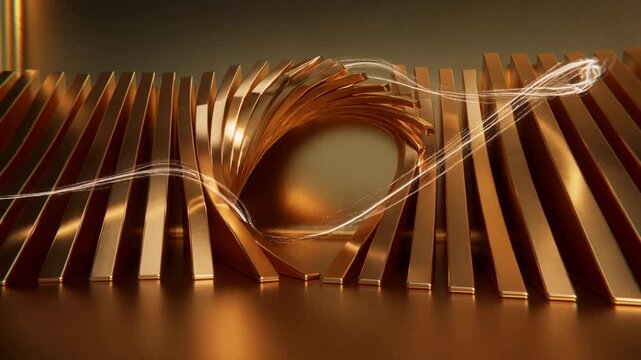 Approaching from left white ribbon threading through gold slatted tunnel in studio, accenting floor