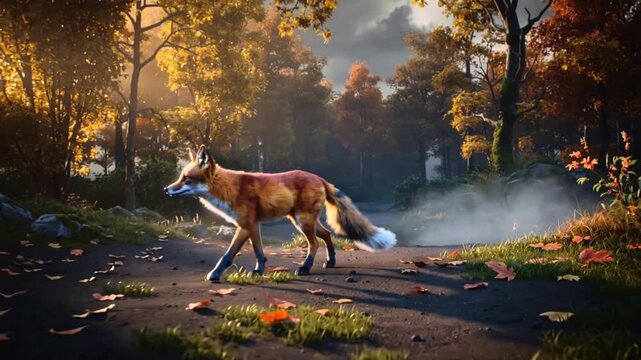 Walking adult red fox following scent, sniffing on dirt trail in sunlit forest clearing, low mist
