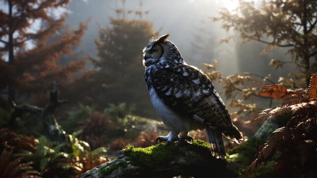 Turning tufted owl rotating head and body on mossy forest branch, sun rays shifting, scanning area