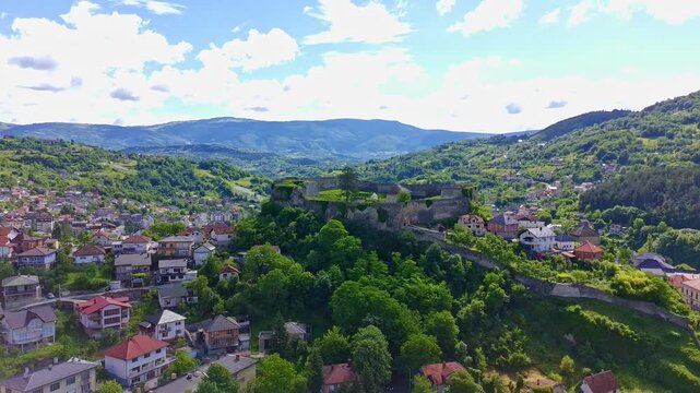 Aerial Drone View of Jajce Fortress Overlooking Historic Town, Bosnia and Herzegovina