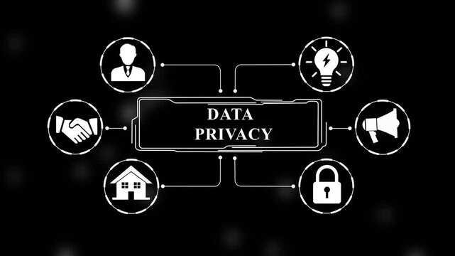 Data privacy digital infographic hud animation featuring cybersecurity and network connectivity nodes for corporate information security, gdpr compliance, and modern tech business presentation