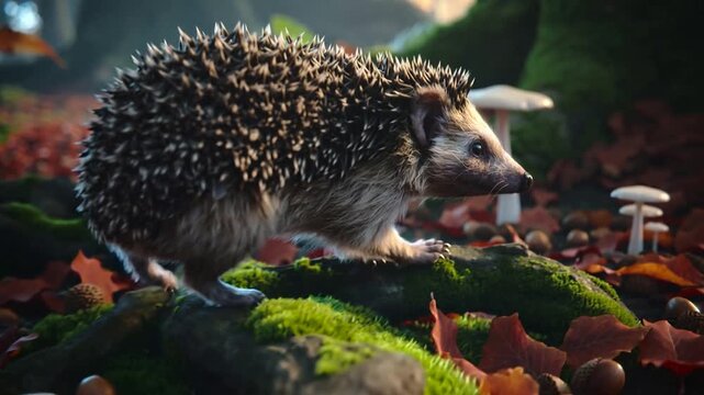Walking hedgehog sniffing leaf litter, noticing puddle and climbing moss root near white mushrooms