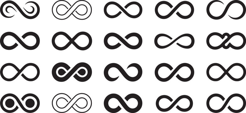 Infinity icon set with eternity, infinite, and endless loop symbols, unlimited concept flat style icons, clean minimalist vector collection for branding, mobile applications, logo creation,