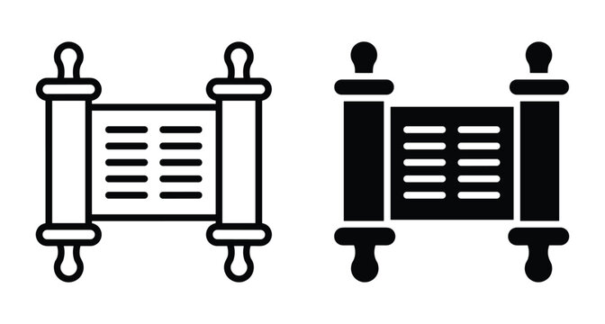 Torah scroll icon set with outline and solid black silhouette styles representing Jewish religious law scripture and sacred Hebrew text