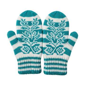 A pair of white and teal knit mittens with a floral design