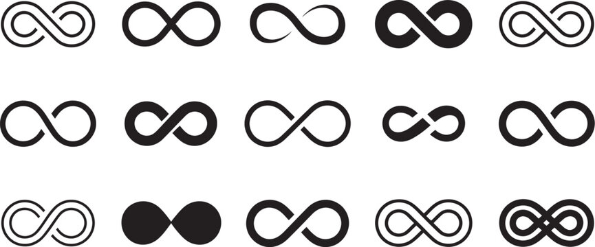 Infinity icon set featuring infinity, eternity, infinite, and endless loop symbols, unlimited concept flat style icons, modern minimalist vector pack for branding, app user interface, logo design, 