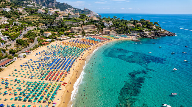 Vista a&eacute;rea de una playa con sombrillas de colores y mar turquesa durante el verano.