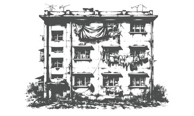 Vintage hand drawn sketch of old concrete residential building facade with laundry drying vector illustration © Nazmul