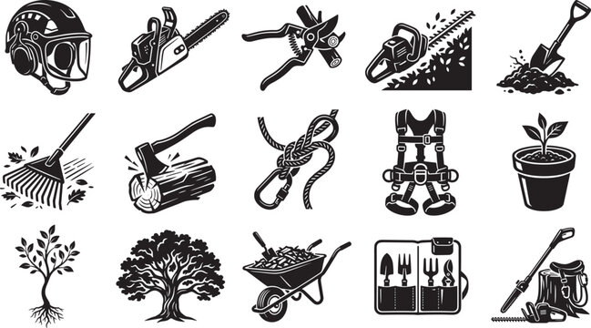 Arborist tree care services and professional gardening hand tools vector icons set with chainsaw safety helmet and trimmer black silhouettes