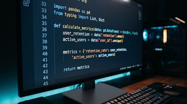 Software developer code on screen showing Python programming for data analytics and software engineering