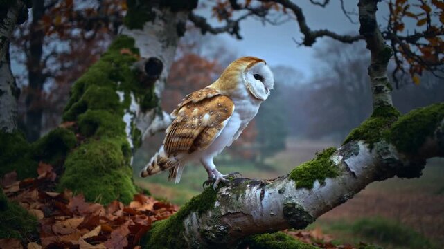 Balancing barn owl straightening, raising head and pivoting on birch branch in woods after wobble