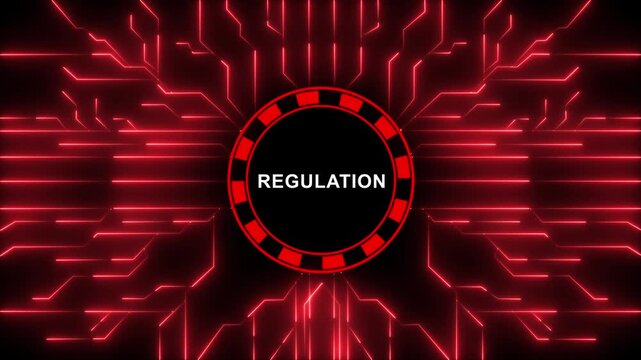 Abstract digital background, featuring a glowing, red circuitry network, and a central, circular emblem displaying, the word regulation, for corporate compliance, financial governance, &cyber security