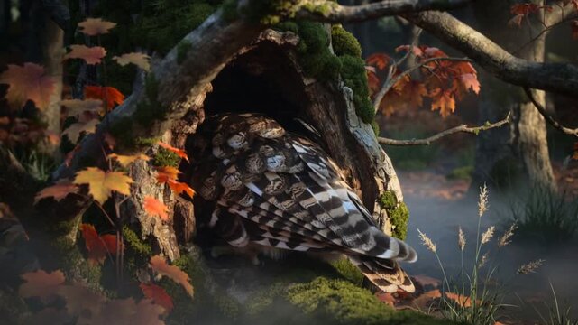Noticing dark cavity, perched owl turning, leaning forward and entering mossy hollow log