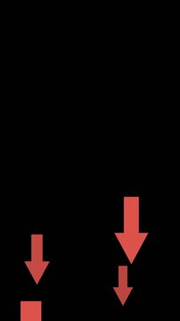 Animated red arrows appearing and pointing downwards. Business failure, economic decline, and negative trend concept. Chroma key green screen with alpha channel.