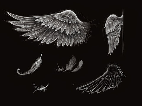 A collection of monochrome, highly detailed wing sketches and falling feathers set against a solid black background, closely mirroring the theme of the very first image.