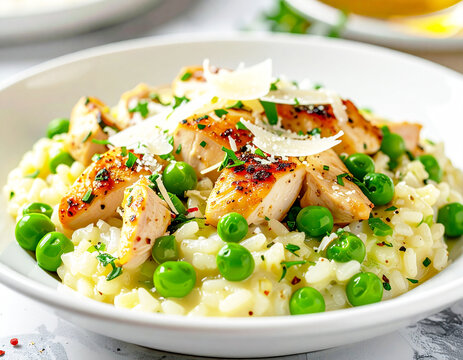 Peas and chicken on creamy rice risotto with parmesan, white bowl. AI