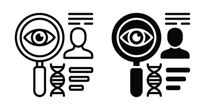 DNA research and human genetic analysis icons featuring magnifying glass with eye symbol person profile and medical data charts