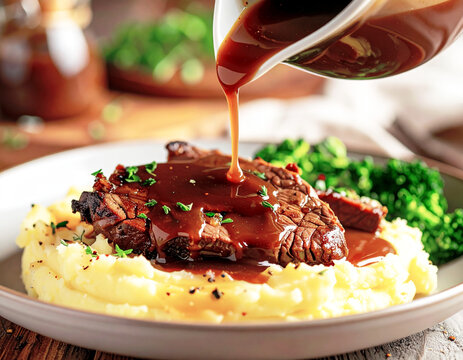 Pouring brown gravy on roasted beef and mashed potatoes. AI