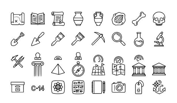 Archaeology outline icon set editable treasure excavation research vector