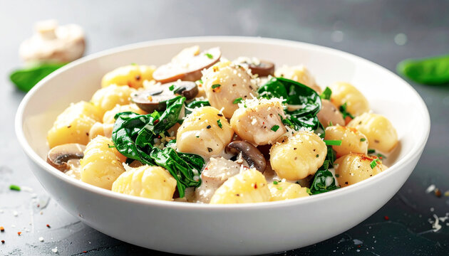 Gnocchi with a mushroom cream sauce, spinach and chicken, white bowl. AI