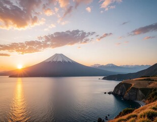 Fototapeta premium Golden sunrise over majestic mountain landscape.