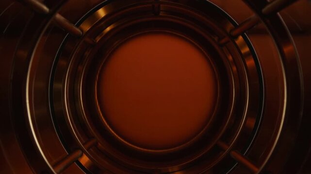 Appearing upper-right beam sweeping across aperture rings, struts in studio, showing bronze sheen