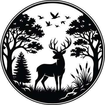 Rustic deer silhouette emblem, forest wildlife nature scene with stag and birds, black and white circular logo vector for outdoor adventure branding