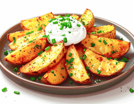Crispy golden baked potato wedges with herbs, sour cream and scallion. AI