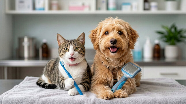 Eye-level shot of tabby cat and fluffy golden dog sitting together on towel holding toothbrush and grooming brush in veterinary clinic setting
