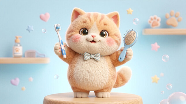3D style illustration of orange kitten holding toothbrush and brush on wooden pedestal with blue background