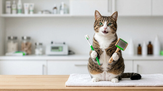 Tabby cat sitting on towel holding green toothbrush and fur brush on wooden counter with defocused veterinary office background