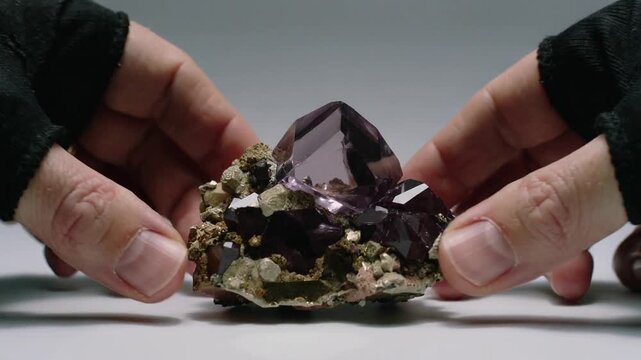 Approaching black gloves cradling amethyst cluster, rotating, inspecting pyrite nodules on tabletop