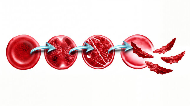 Illustrates the change of normal red blood cells into sickle-shaped cells, a hallmark of sickle cell anemia.