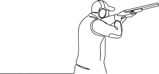 Single one line drawing back view of male shooting athlete aiming shotgun with intense focus and steady stance, wearing ear protection.one line icon drawing © Misho x Mamun