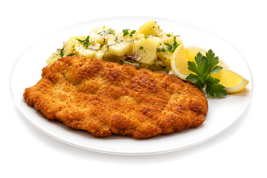chicken schnitzel  thin crispy golden breaded chicken cutlet served with lemon wedges  parsley and a small potato salad  full plate visible