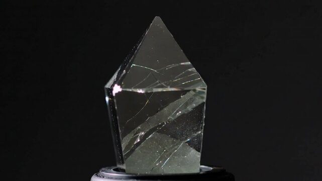 Shining bright spotlight showing internal fractures in faceted crystal on black pedestal in studio
