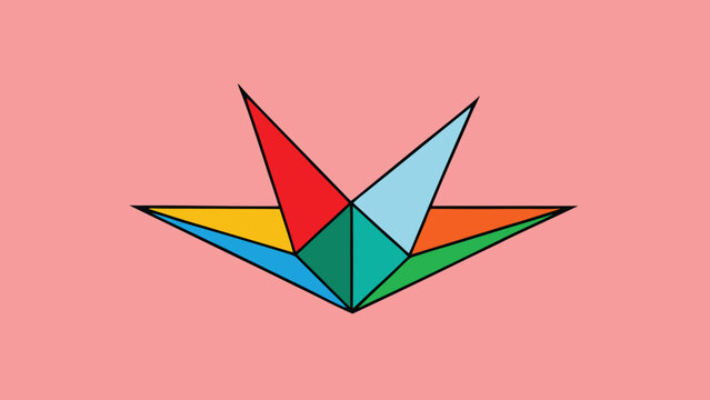 Abstract origami bird shape geometric vector design illustration made of colorful polygons on light pink solid background.