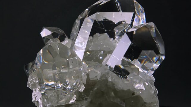 Moving camera capturing clear quartz cluster on black round display, showing internal fractures
