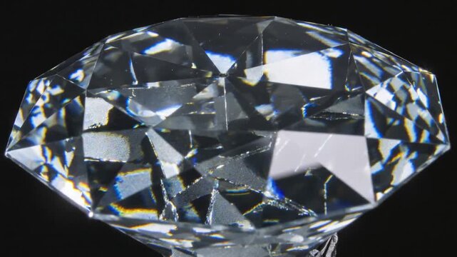 Moving camera revealing clear brilliant gem rotating on metal pedestal in studio, showcasing facets