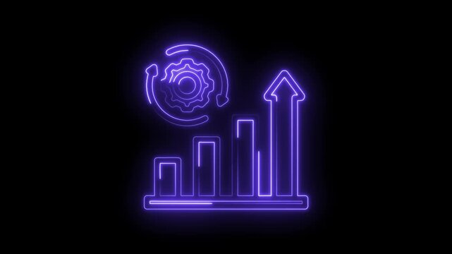 Neon glowing progress bar graph with upward arrow and circular gear icon symbolizing growth