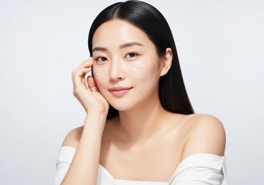 Beautiful young asian woman with glowing skin applying skincare product on face