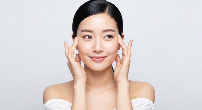 Beautiful young asian woman touching her face isolated on white background