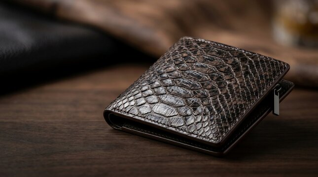 Luxury textured wallet accessory on wooden surface with soft lighting