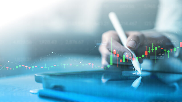 Investment dashboard with digital market charts on a tablet highlights portfolio analysis, financial growth, and strategic investing.