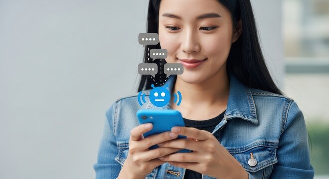 Young asian woman using a smartphone with a digital chatbot assistant icon overlay