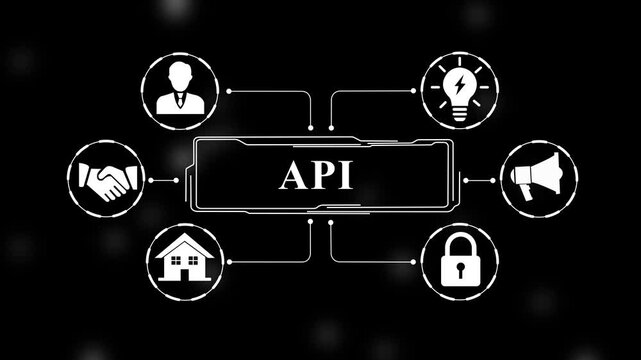Dynamic api integration interface concept featuring animated digital for business strategy, global connectivity, software development, data security, and marketing solutions in a modern tech