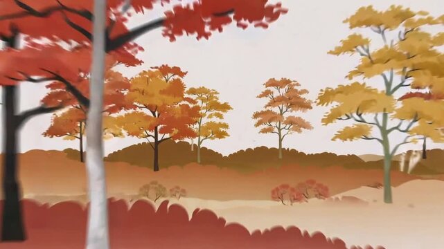 Panning camera revealing clusters of stylized autumn trees over misty hills, showing wider panorama