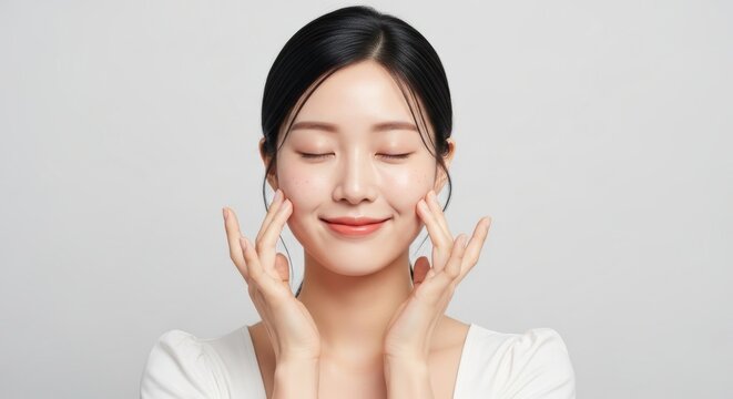 Young asian woman with glowing skin touching her face isolated on white background